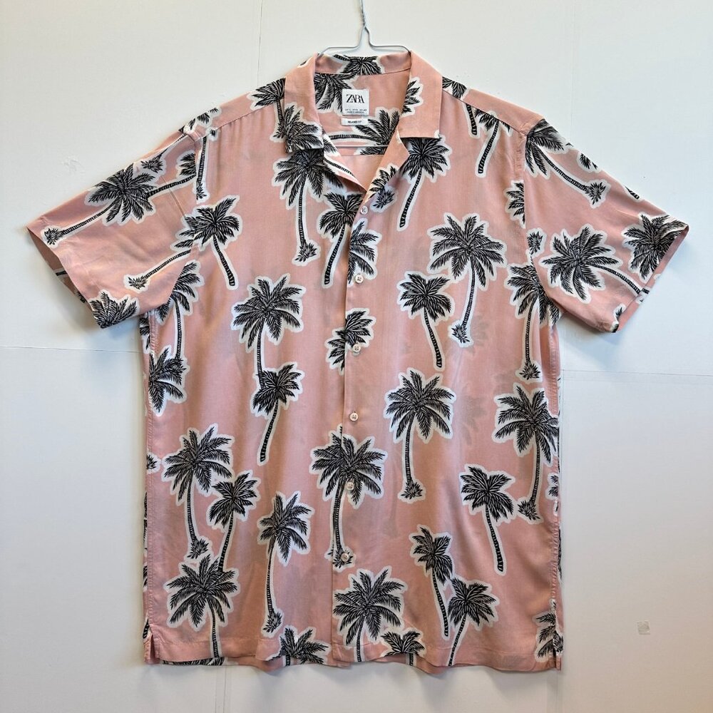 ZARA Men’s Relaxed Fit Palm Tree Print Shirt Size M Pink Black Tropical Casual - Picture 2 of 8